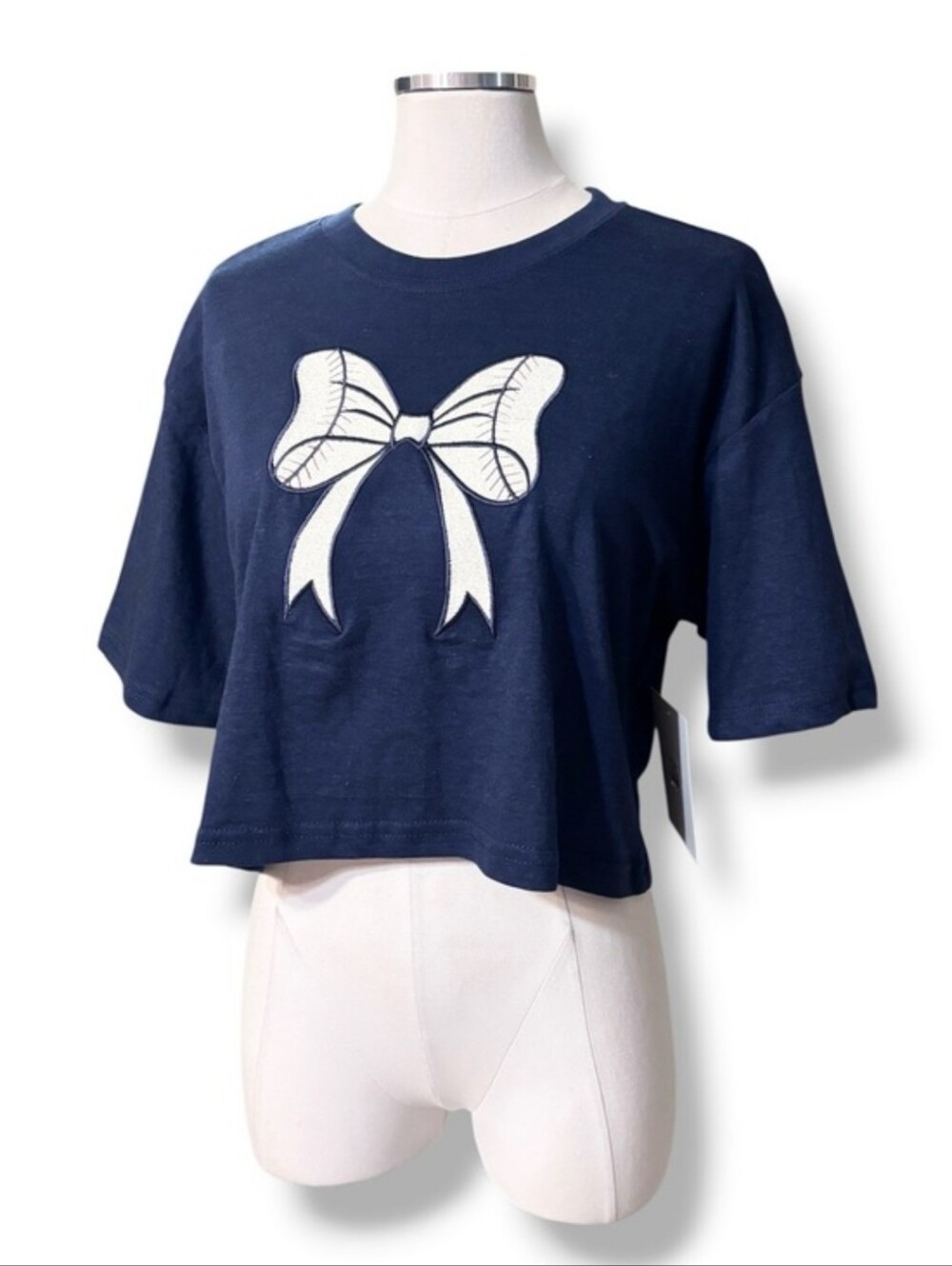 LOVE THEORY ESSENTIALS Blue Crew Neck Crop Top Embroidered Bow Baseball Style